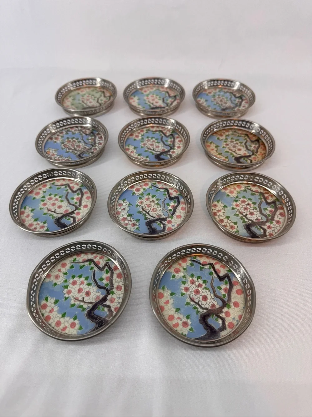 Vintage MCM Barware Japanese Sakura Foil & Washi Paper Glass Coasters MAKE OFFER